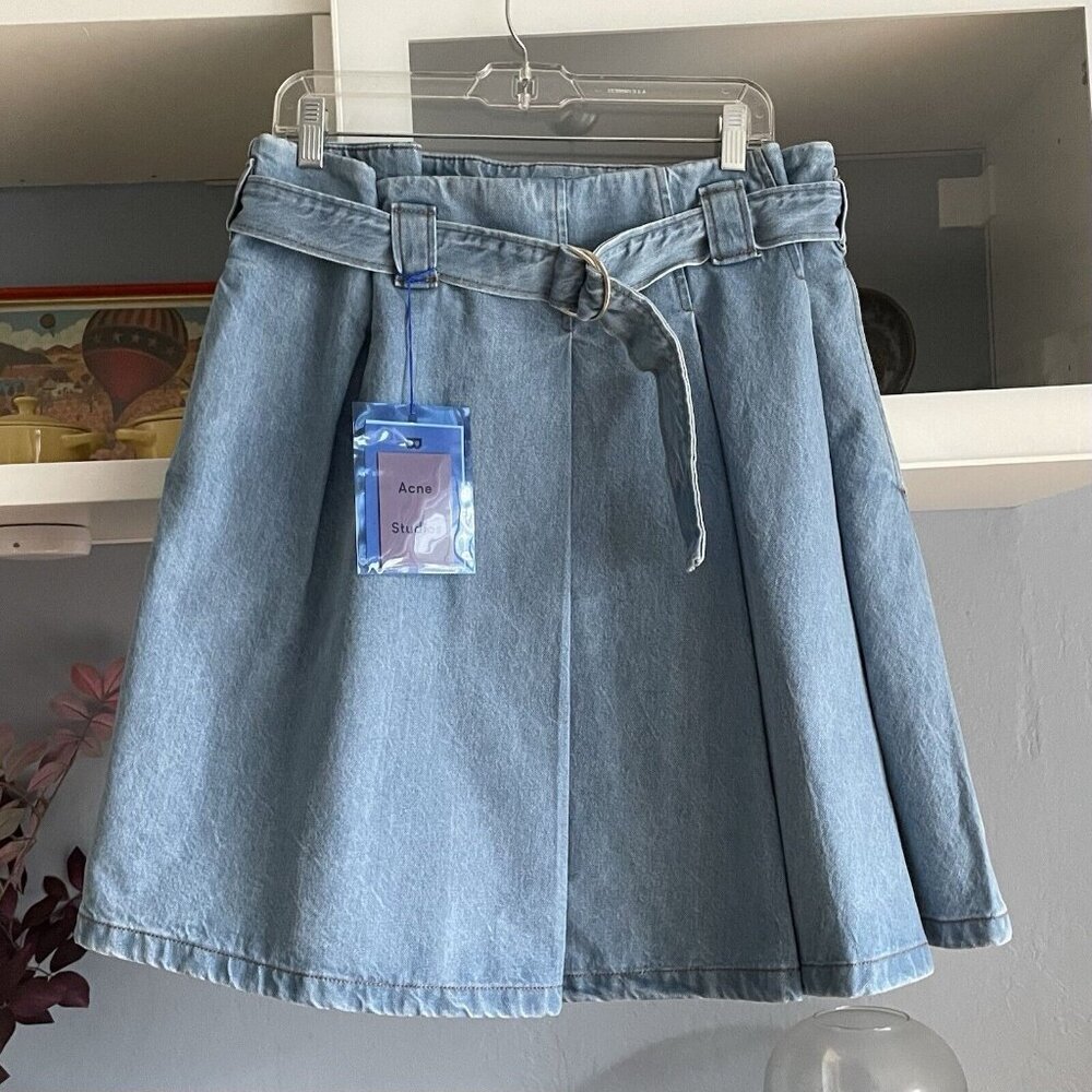 ACNE STUDIOS Bla Konst Light Denim Jean Pleated Belted Skirt Size 36 - Picture 3 of 12